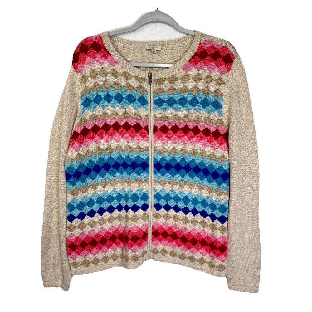 Talbots Argyle Full Zip Jacket Cardigan Womens XL Tan Pink Blue Diamond Sweater